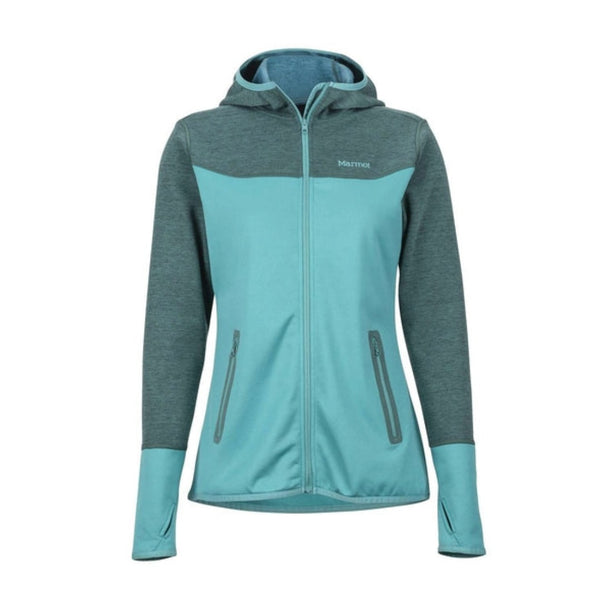 Woman wearing Marmot Sirona hoodie in black and dark steel, featuring a full-zip stretch fleece design with hood, thumbholes, and a fitted silhouette for active comfort