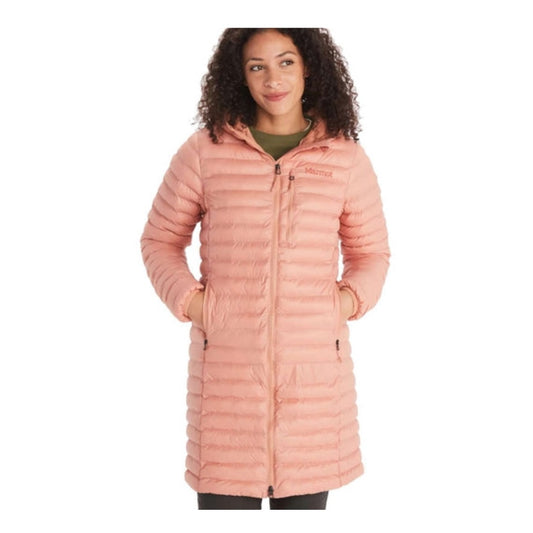 Woman wearing Marmot Echo Featherless long jacket with quilted design and extended length, featuring lightweight insulated construction for cold-weather comfort