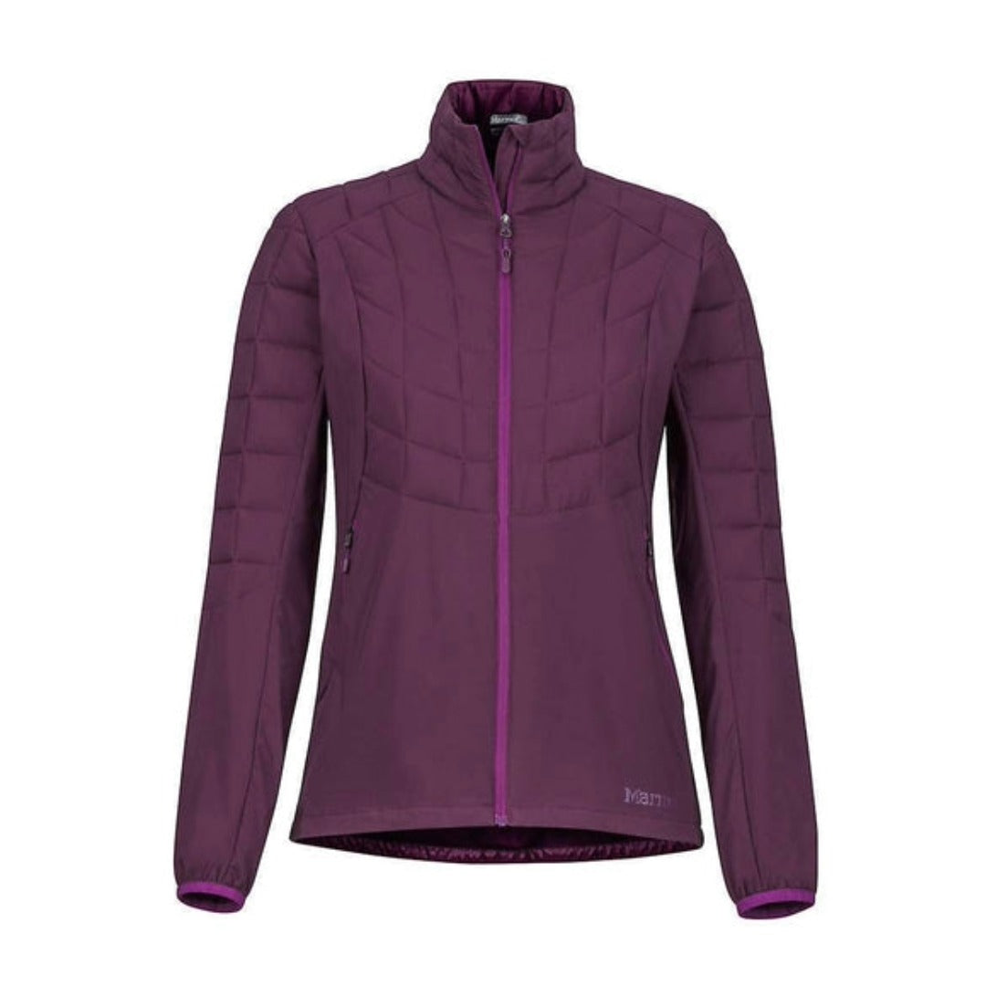 Woman wearing Marmot Featherless Hybrid jacket with quilted panels and athletic fit, featuring lightweight insulated construction for active outdoor comfort