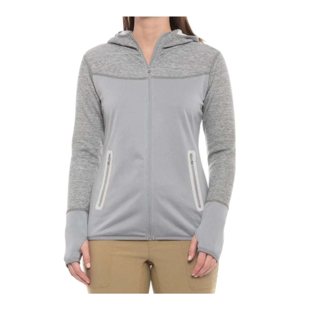 Woman wearing Marmot Sirona hoodie in black and dark steel, featuring a full-zip stretch fleece design with hood, thumbholes, and a fitted silhouette for active comfort