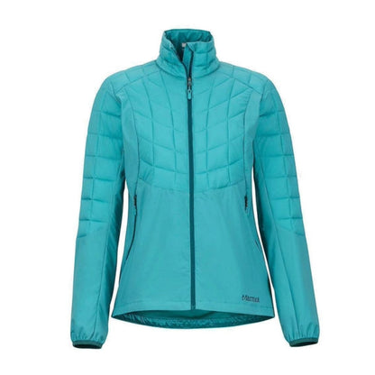Woman wearing Marmot Featherless Hybrid jacket with lightweight quilted panels, zip front, and athletic fit, designed for active outdoor comfort in cool weather