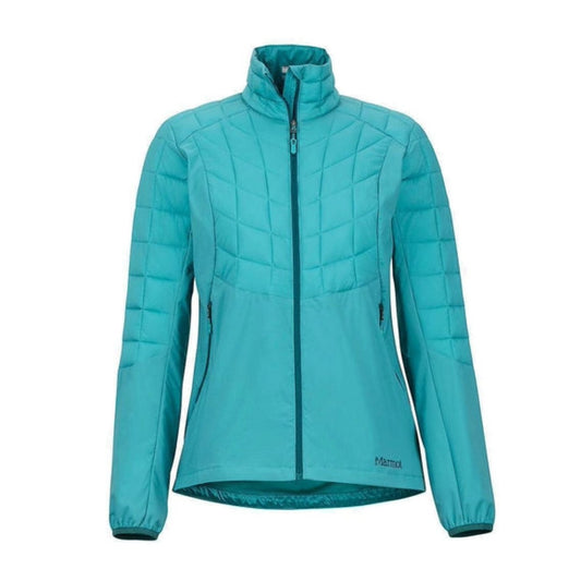 Woman wearing Marmot Featherless Hybrid jacket with lightweight quilted panels, zip front, and athletic fit, designed for active outdoor comfort in cool weather