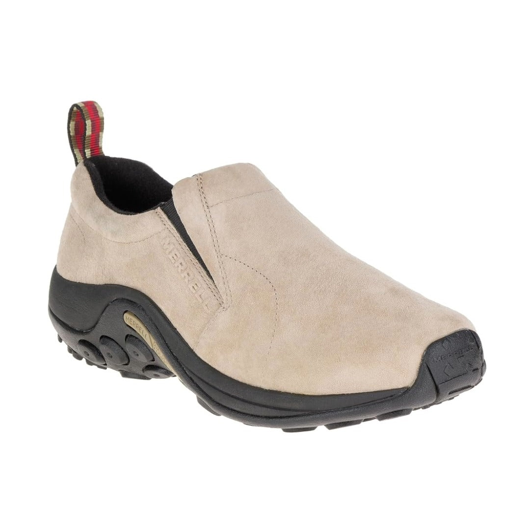 Men's classic slip-on moccasin shoes featuring a suede or leather upper, elastic side panels, cushioned footbed, padded collar, and durable traction outsole