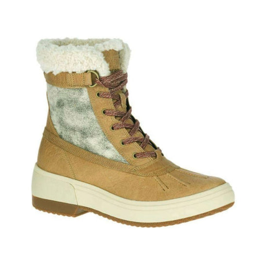 Women’s mid-height waterproof winter boots featuring a leather and textile upper, lace-up closure, warm insulated lining, padded collar, cushioned footbed, protective toe, and rugged rubber outsole with winter traction for snowy and cold conditions