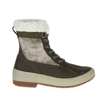 Women’s mid-height waterproof winter boots featuring a leather and textile upper, lace-up closure, warm insulated lining, padded collar, cushioned footbed, protective toe, and rugged rubber outsole with winter traction for snowy and cold conditions