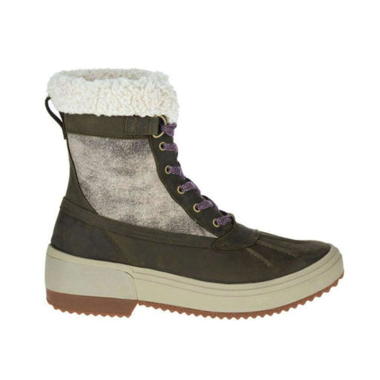 Women’s mid-height waterproof winter boots featuring a leather and textile upper, lace-up closure, warm insulated lining, padded collar, cushioned footbed, protective toe, and rugged rubber outsole with winter traction for snowy and cold conditions