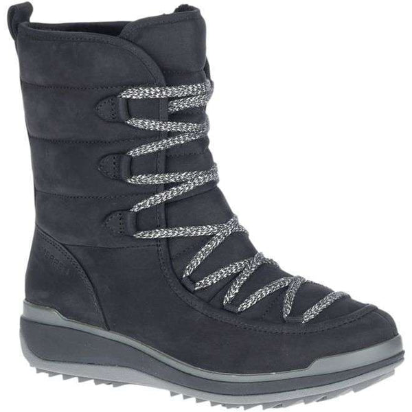 Women’s waterproof winter boots featuring a durable leather upper, lace-up closure, cozy insulated lining, cushioned footbed, padded collar, reinforced toe, and durable rubber outsole designed for snowy and cold-weather conditions
