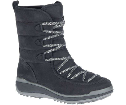 Women’s waterproof winter boots featuring a durable leather upper, lace-up closure, cozy insulated lining, cushioned footbed, padded collar, reinforced toe, and durable rubber outsole designed for snowy and cold-weather conditions