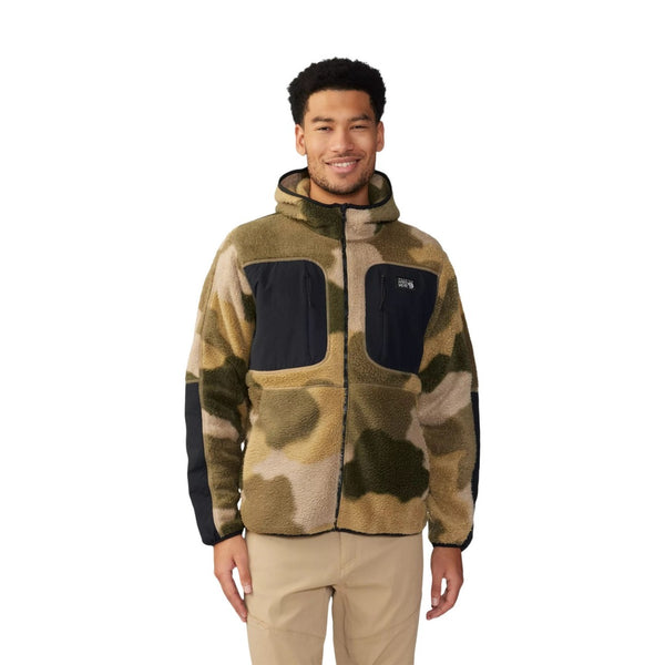 Mountain Hardwear Men’s HiCamp Fleece Hoody in tan featuring high-pile Sherpa fleece, full front zip, adjustable hood, and zippered hand pockets.