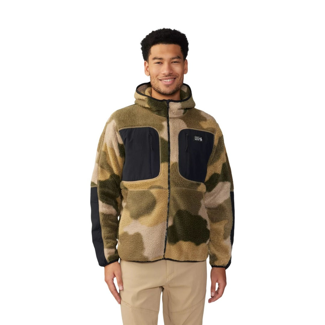 Mountain Hardwear Men’s HiCamp Fleece Hoody in tan featuring high-pile Sherpa fleece, full front zip, adjustable hood, and zippered hand pockets.