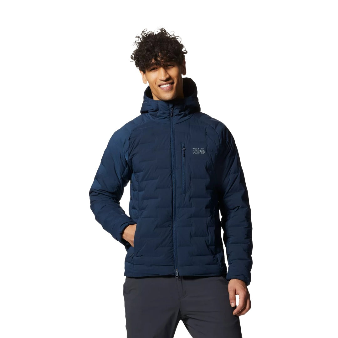 Mountain Hardwear Men’s AirMesh Hoodie in blue featuring lightweight breathable AirMesh fabric, fitted hood, and zippered chest pocket.