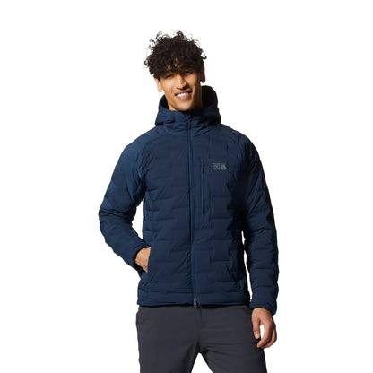 Mountain Hardwear Men’s AirMesh Hoodie in blue featuring lightweight breathable AirMesh fabric, fitted hood, and zippered chest pocket.