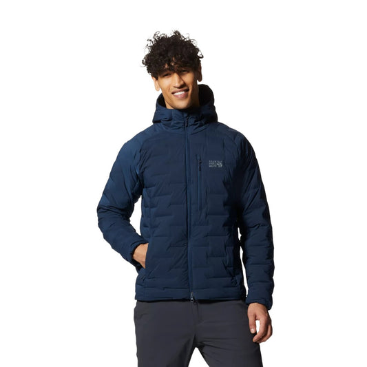 Mountain Hardwear Men’s AirMesh Hoodie in blue featuring lightweight breathable AirMesh fabric, fitted hood, and zippered chest pocket.