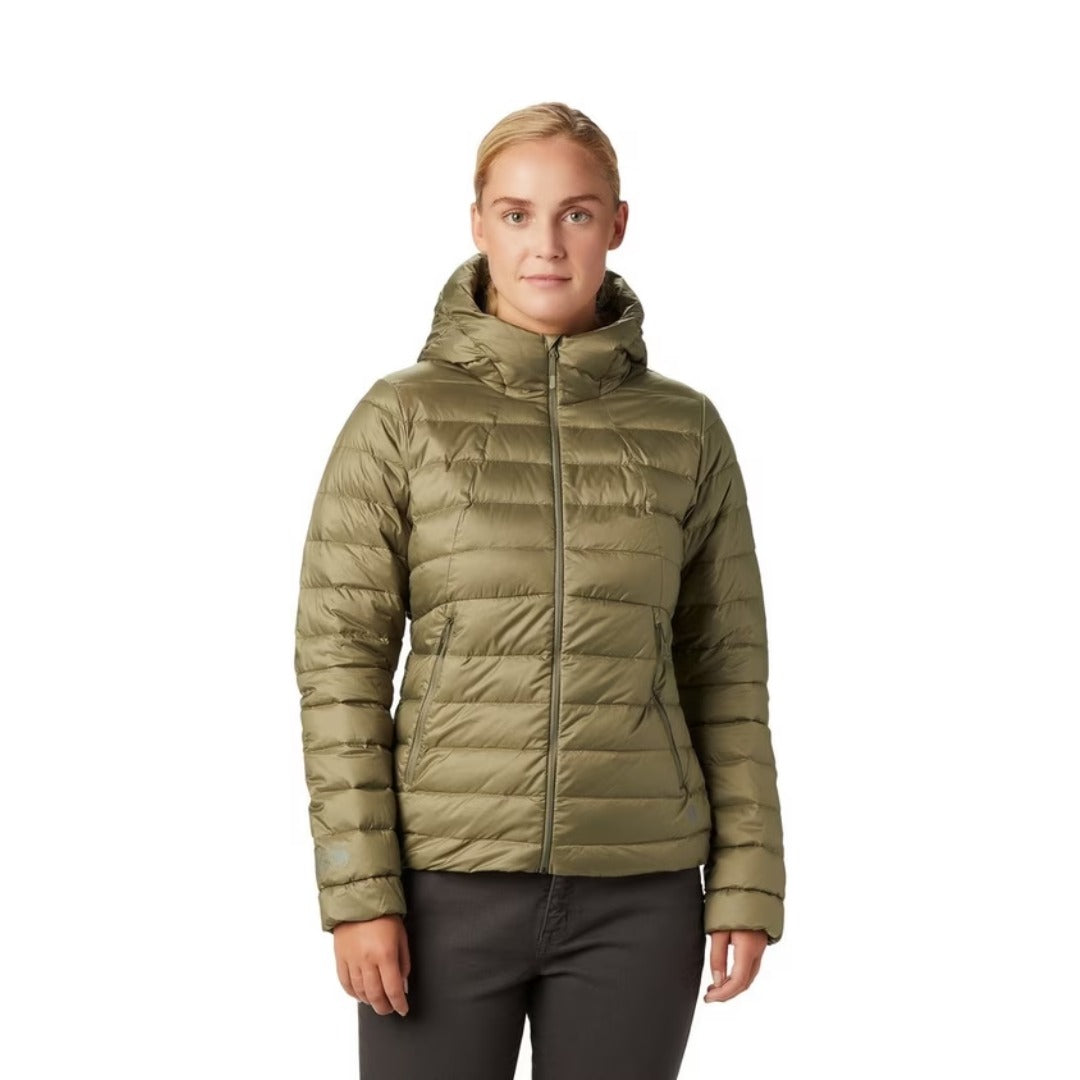 Mountain Hardwear Women’s Rhea Ridge Parka in black featuring long down insulation, adjustable hood, and water-resistant finish.