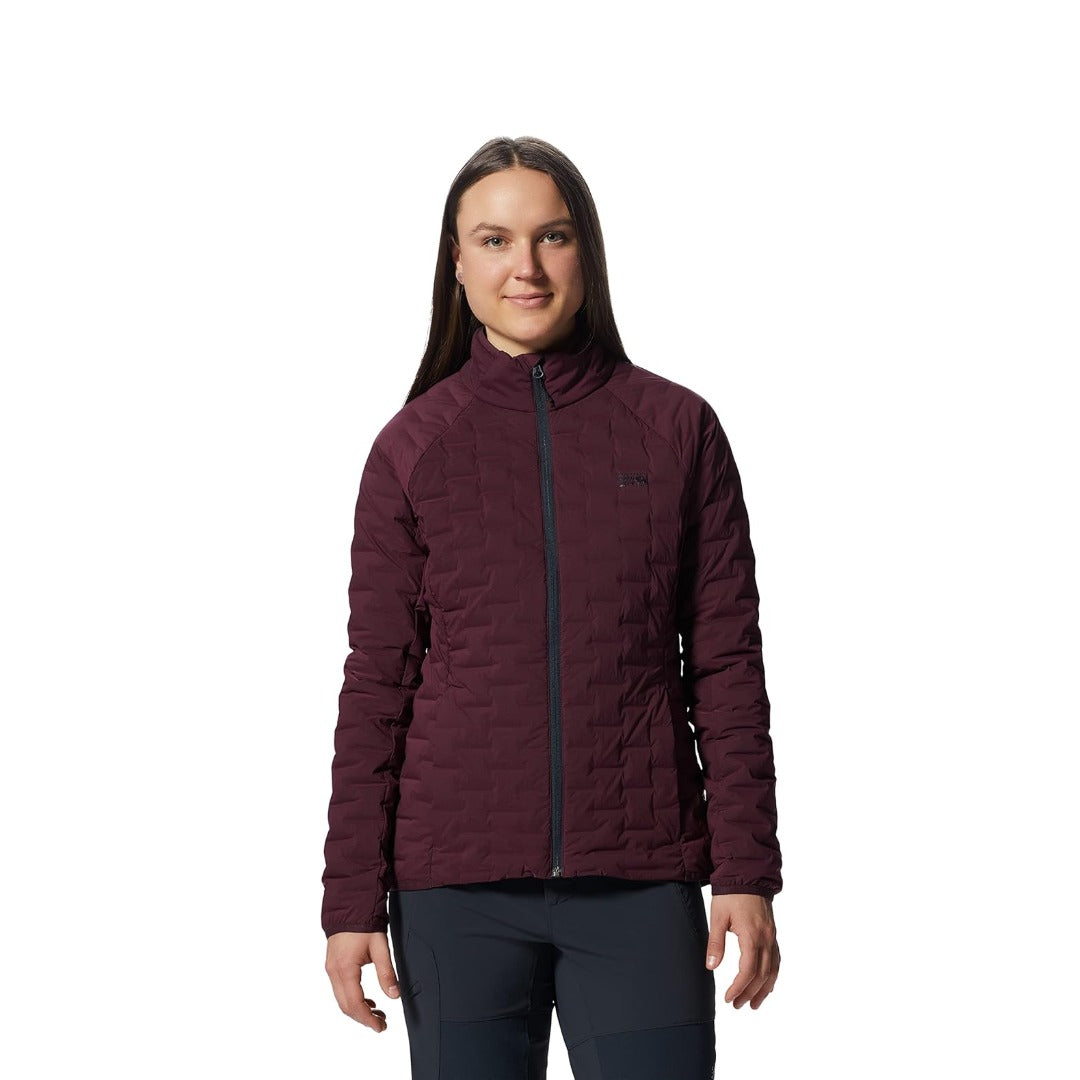 Mountain Hardwear Women’s StretchDown Light Jacket in navy featuring quilted stretch baffles, zippered hand pockets, and lightweight down insulation.