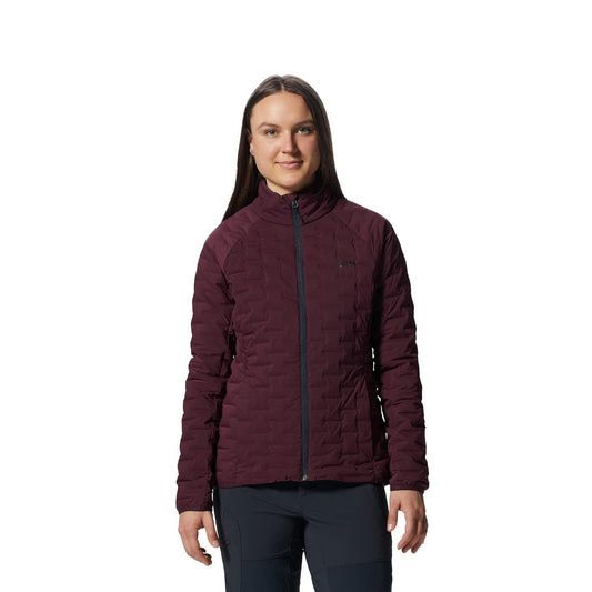 Mountain Hardwear Women’s StretchDown Light Jacket in navy featuring quilted stretch baffles, zippered hand pockets, and lightweight down insulation.