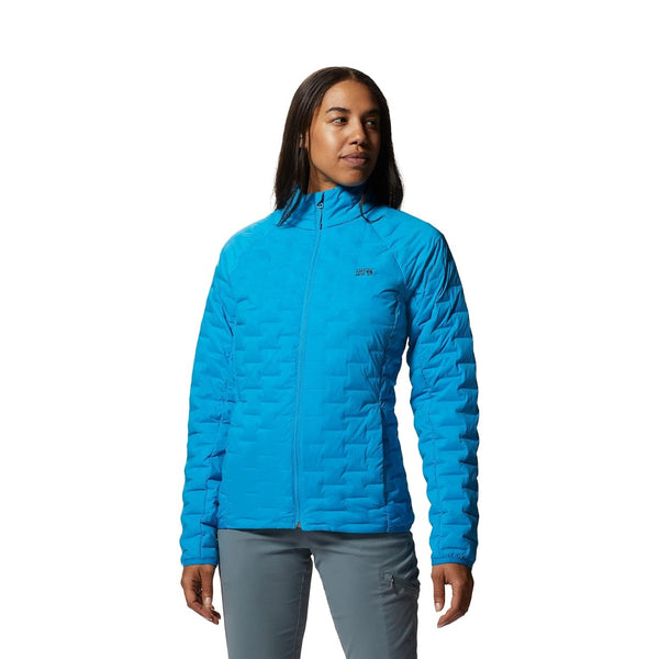 Mountain Hardwear Women’s StretchDown Light Jacket in navy featuring quilted stretch baffles, zippered hand pockets, and lightweight down insulation.