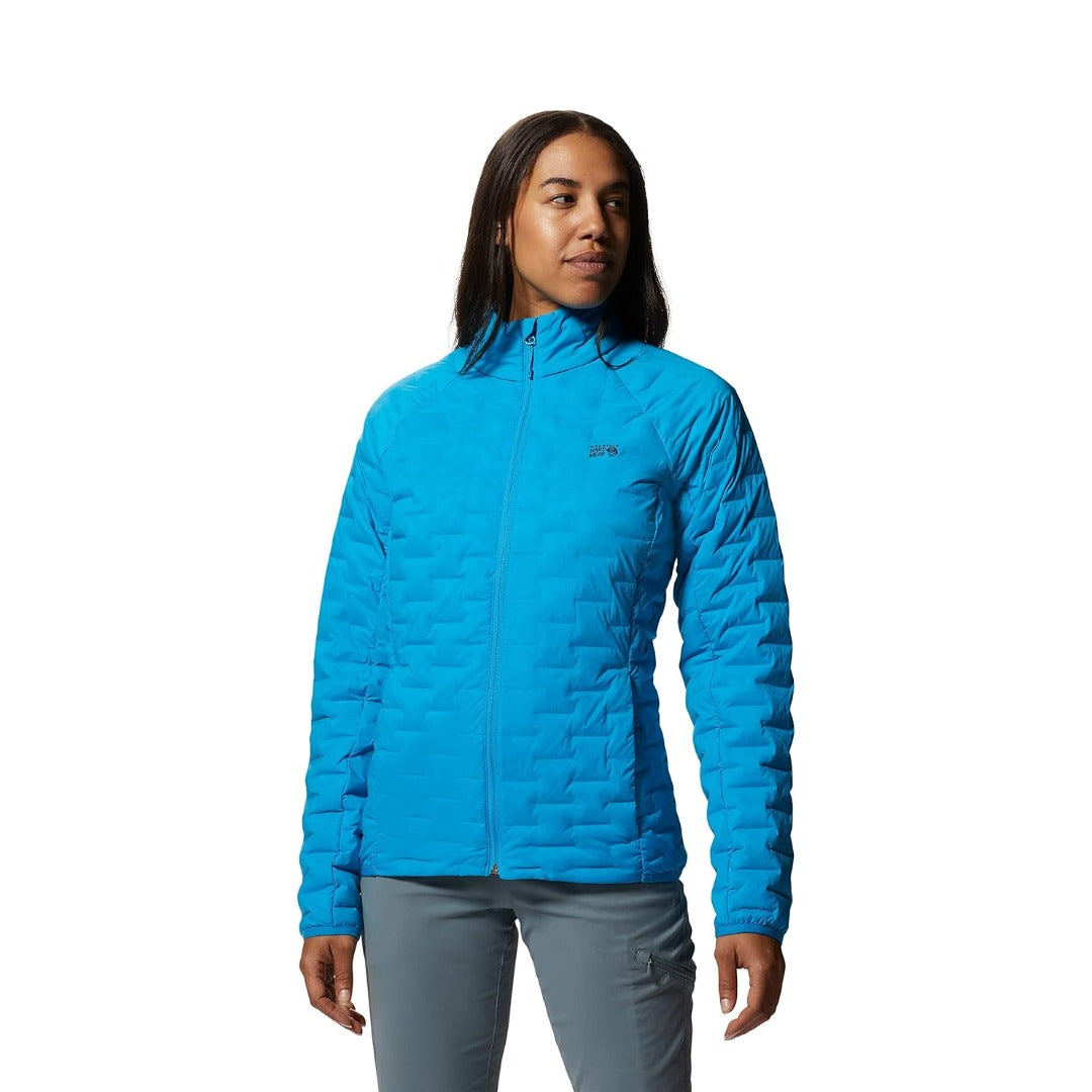 Mountain Hardwear Women’s StretchDown Light Jacket in navy featuring quilted stretch baffles, zippered hand pockets, and lightweight down insulation.