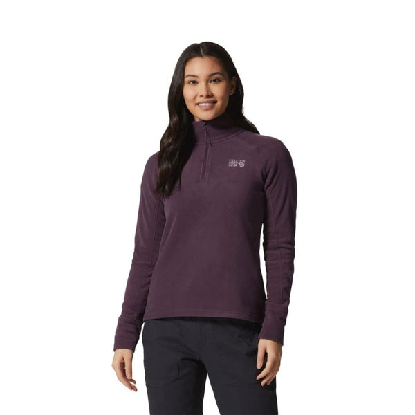 Mountain Hardwear Women’s Microchill™ 2.0 Zip Pullover in light grey featuring half-zip front, soft microfleece fabric, and relaxed fit.