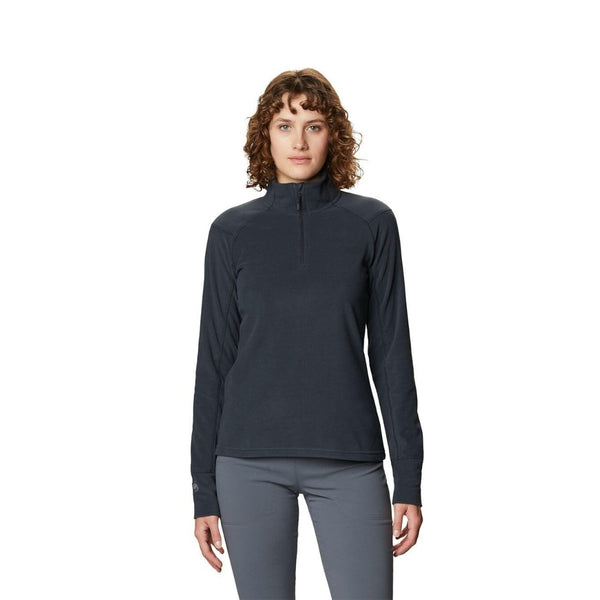 Mountain Hardwear Women’s Microchill™ 2.0 Zip Pullover in light grey featuring half-zip front, soft microfleece fabric, and relaxed fit.