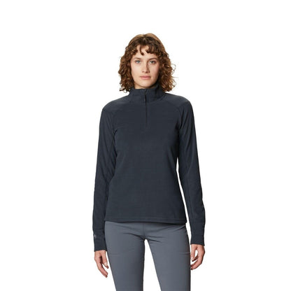 Mountain Hardwear Women’s Microchill™ 2.0 Zip Pullover in light grey featuring half-zip front, soft microfleece fabric, and relaxed fit.