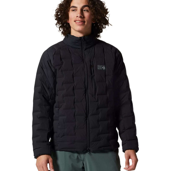Mountain Hardwear Men’s Stretchdown Parka in black featuring quilted stretch fabric, insulated hood, and zippered hand pockets for warmth and mobility.