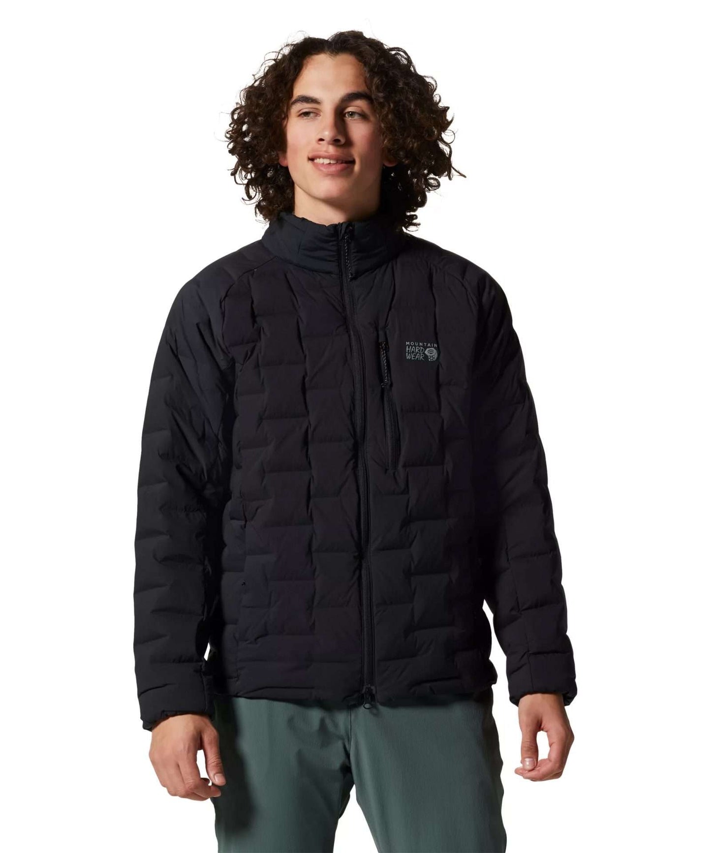 Mountain Hardwear Men’s Stretchdown Parka in black featuring quilted stretch fabric, insulated hood, and zippered hand pockets for warmth and mobility.