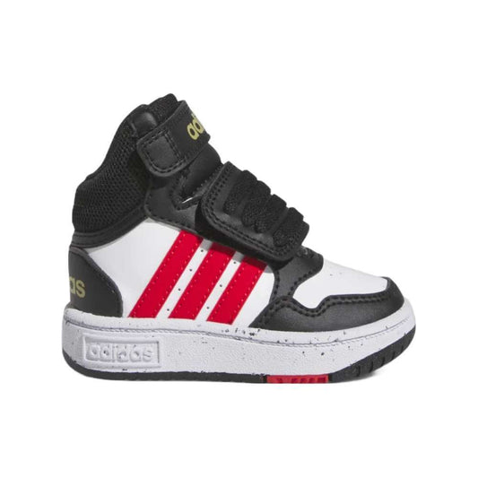 Mid-top Adidas basketball shoes for kids with red stripes and lace-up closur