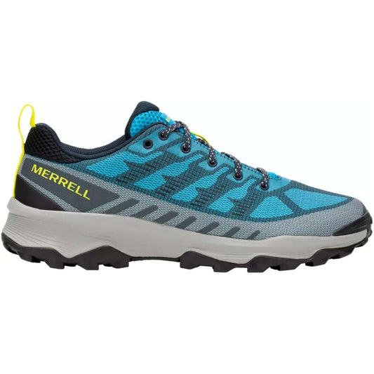 A close-up of Merrell Men's Speed Eco Tahoe shoes on a hiking trail.