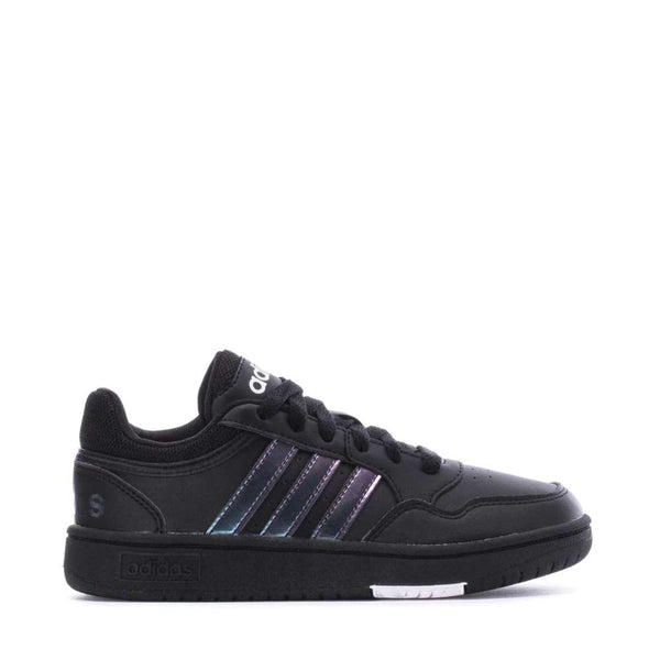 A pair of black Adidas Kids Hoops 3.0K sneakers with white stripes on the sides