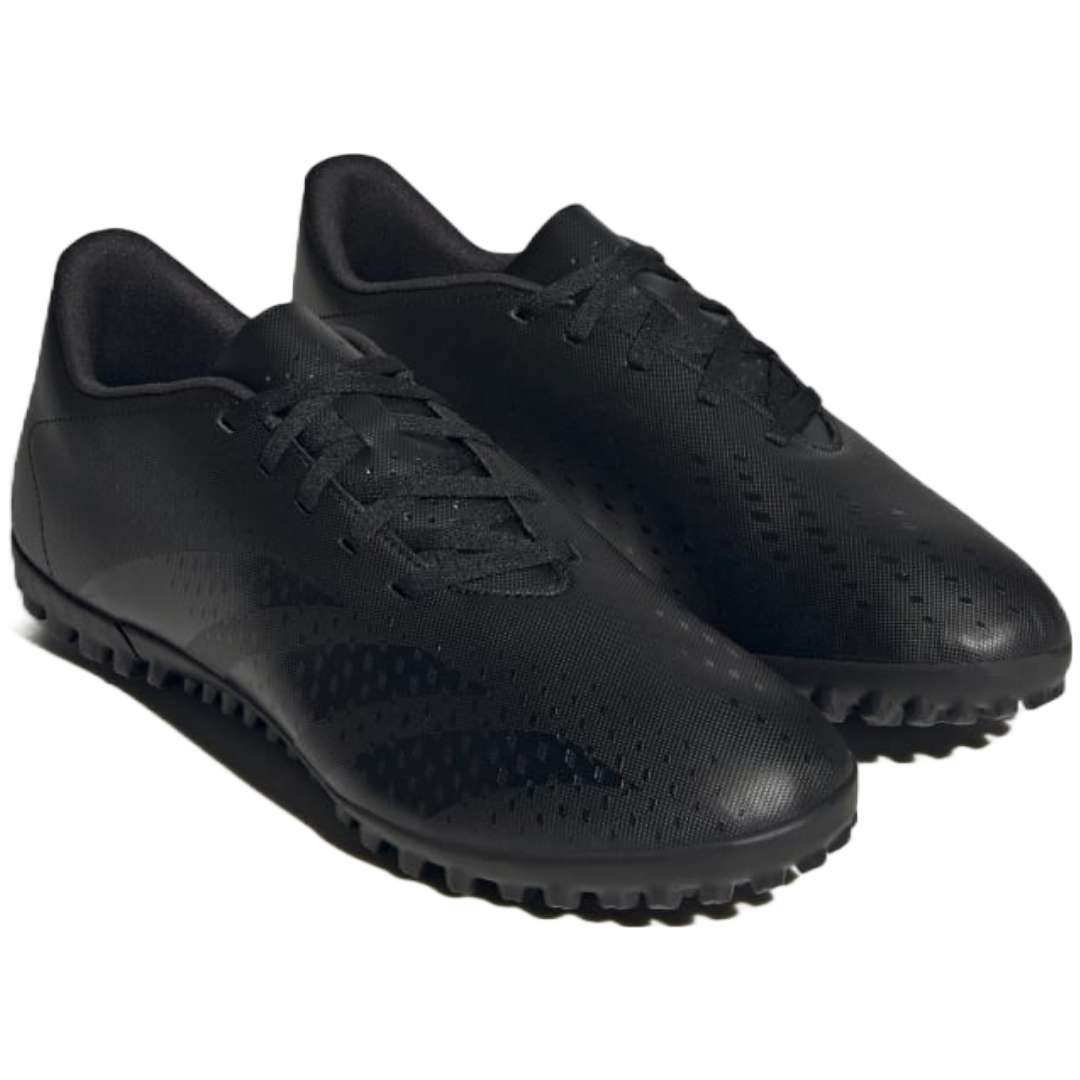 A pair of adidas Predator Accuracy.4 turf soccer cleats in black. The cleats feature a synthetic upper with rubber elements, a rubber outsole with turf-specific traction, and the adidas logo on the side.