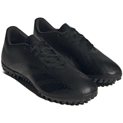 A pair of adidas Predator Accuracy.4 turf soccer cleats in black. The cleats feature a synthetic upper with rubber elements, a rubber outsole with turf-specific traction, and the adidas logo on the side.