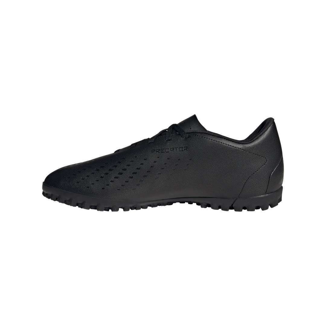 A pair of adidas Predator Accuracy.4 turf soccer cleats in black. The cleats feature a synthetic upper with rubber elements, a rubber outsole with turf-specific traction, and the adidas logo on the side.