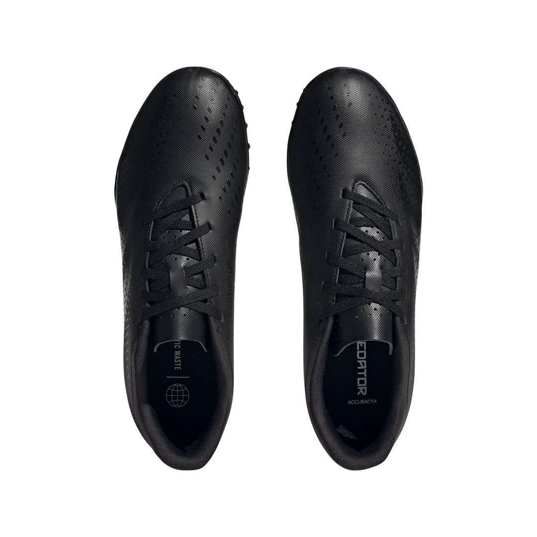 A pair of adidas Predator Accuracy.4 turf soccer cleats in black. The cleats feature a synthetic upper with rubber elements, a rubber outsole with turf-specific traction, and the adidas logo on the side.