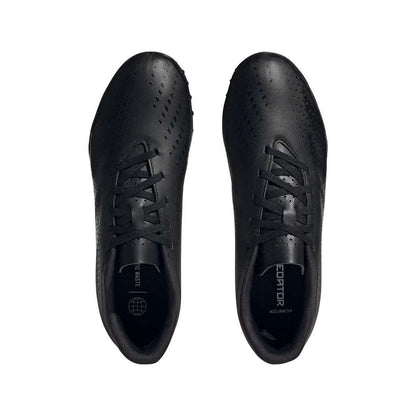 A pair of adidas Predator Accuracy.4 turf soccer cleats in black. The cleats feature a synthetic upper with rubber elements, a rubber outsole with turf-specific traction, and the adidas logo on the side.
