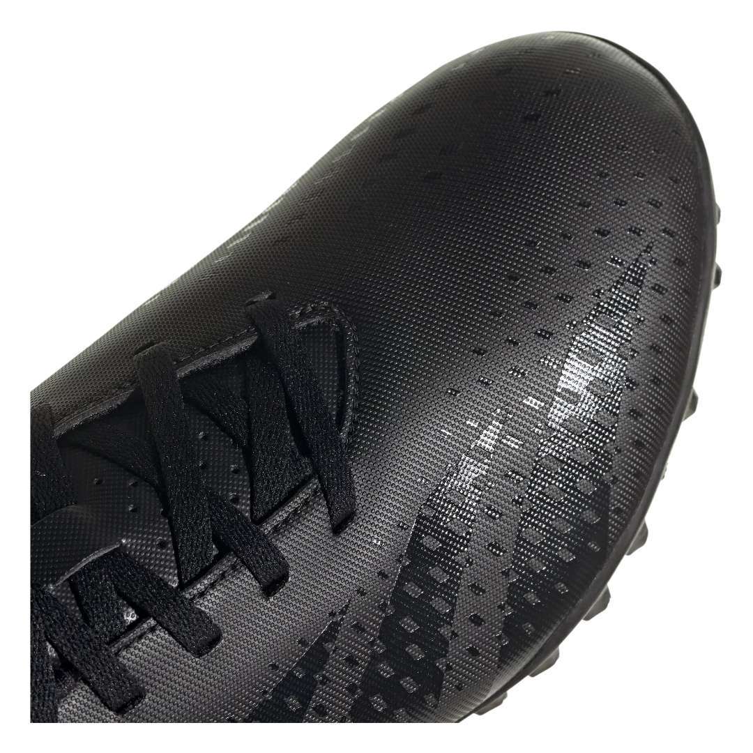 A pair of adidas Predator Accuracy.4 turf soccer cleats in black. The cleats feature a synthetic upper with rubber elements, a rubber outsole with turf-specific traction, and the adidas logo on the side.
