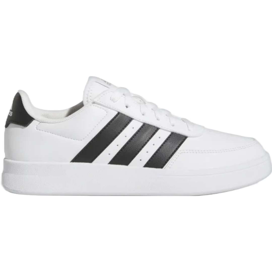 A pair of adidas Breaknet 2.0 sneakers for women in white with black strips. The sneakers feature a leather and synthetic upper, a rubber outsole, and the adidas logo on the side.