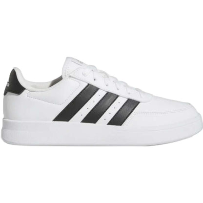 A pair of adidas Breaknet 2.0 sneakers for women in white with black strips. The sneakers feature a leather and synthetic upper, a rubber outsole, and the adidas logo on the side.