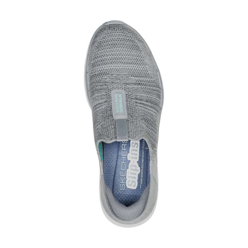 A pair of Skechers Women's Slip-ons Go Walk 6 in gray. The shoes feature a slip-on design and a comfortable, cushioned sole. The Skechers logo is visible on the side of each shoe.