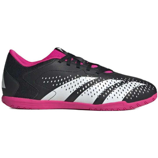 A pair of adidas Predator Accuracy.4 Indoor Sala Boots black and pink. The shoes feature a synthetic upper with rubber elements, a non-marking rubber outsole, and the adidas logo on the side.