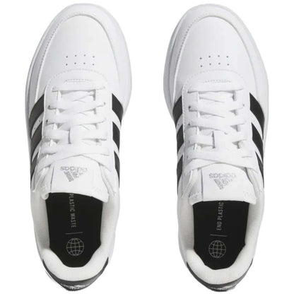 A pair of adidas Breaknet 2.0 sneakers for women in white with black strips. The sneakers feature a leather and synthetic upper, a rubber outsole, and the adidas logo on the side.