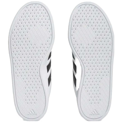 A pair of adidas Breaknet 2.0 sneakers for women in white with black strips. The sneakers feature a leather and synthetic upper, a rubber outsole, and the adidas logo on the side.
