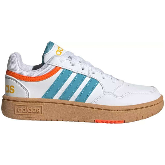 A pair of adidas Kids' Hoops 3.0 Sneakers in white/blue. The shoes feature a high-top design, a synthetic leather upper, and the adidas logo on the side.
