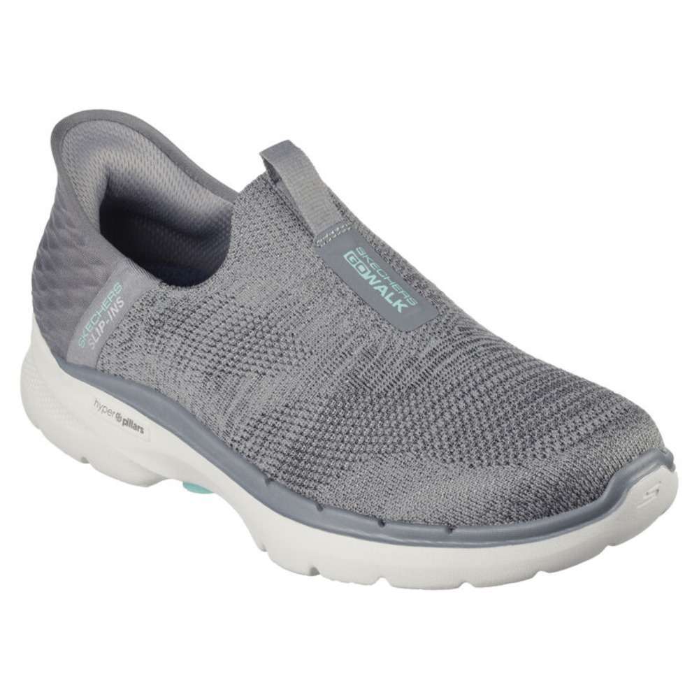 A pair of Skechers Women's Slip-ons Go Walk 6 in gray. The shoes feature a slip-on design and a comfortable, cushioned sole. The Skechers logo is visible on the side of each shoe.