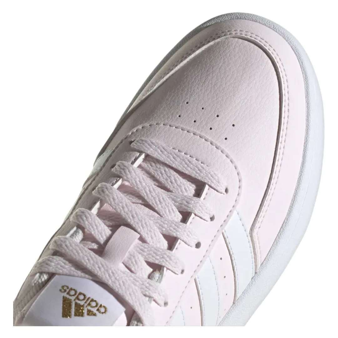 A pair of adidas Breaknet 2.0 sneakers for women in light pink. The sneakers feature a leather and synthetic upper, a rubber outsole, and the adidas logo on the side.