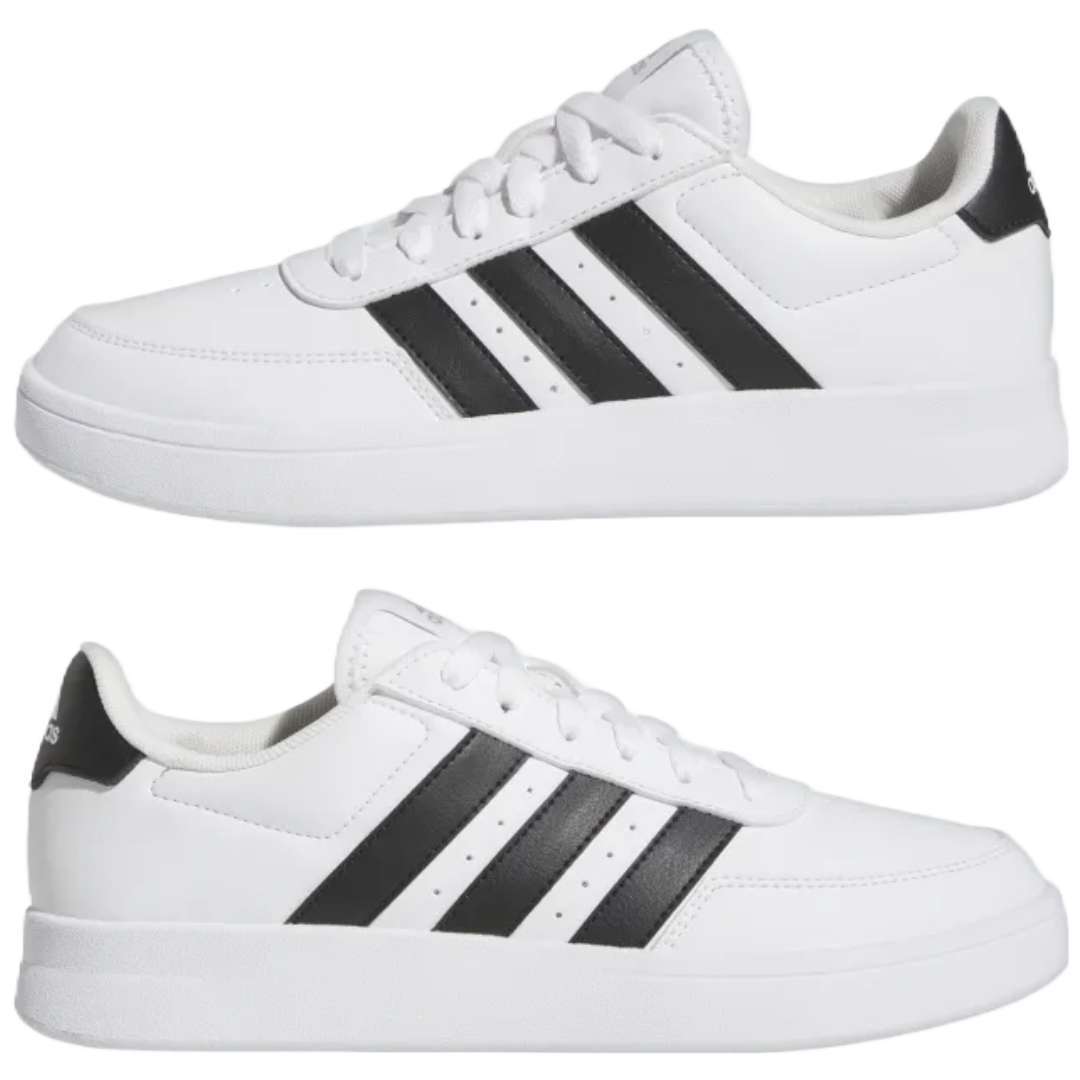 A pair of adidas Breaknet 2.0 sneakers for women in white with black strips. The sneakers feature a leather and synthetic upper, a rubber outsole, and the adidas logo on the side.