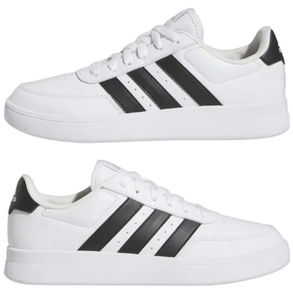 A pair of adidas Breaknet 2.0 sneakers for women in white with black strips. The sneakers feature a leather and synthetic upper, a rubber outsole, and the adidas logo on the side.