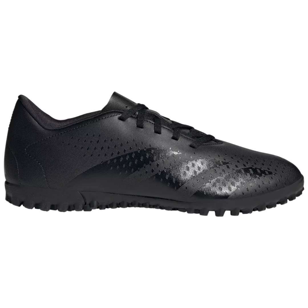 A pair of adidas Predator Accuracy.4 turf soccer cleats in black. The cleats feature a synthetic upper with rubber elements, a rubber outsole with turf-specific traction, and the adidas logo on the side.