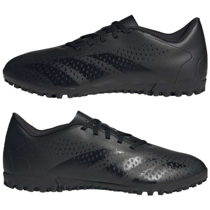 A pair of adidas Predator Accuracy.4 turf soccer cleats in black. The cleats feature a synthetic upper with rubber elements, a rubber outsole with turf-specific traction, and the adidas logo on the side.