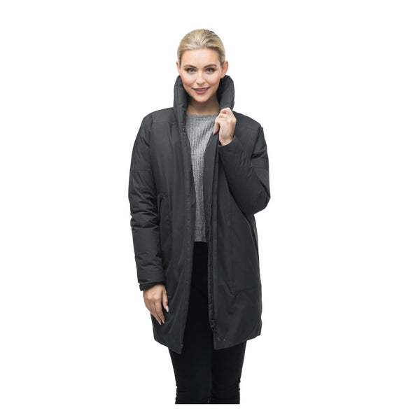 Women's cocoon-style down coat featuring a shawl collar, quilted construction, long sleeves, magnetic front closure, and a streamlined winter silhouette